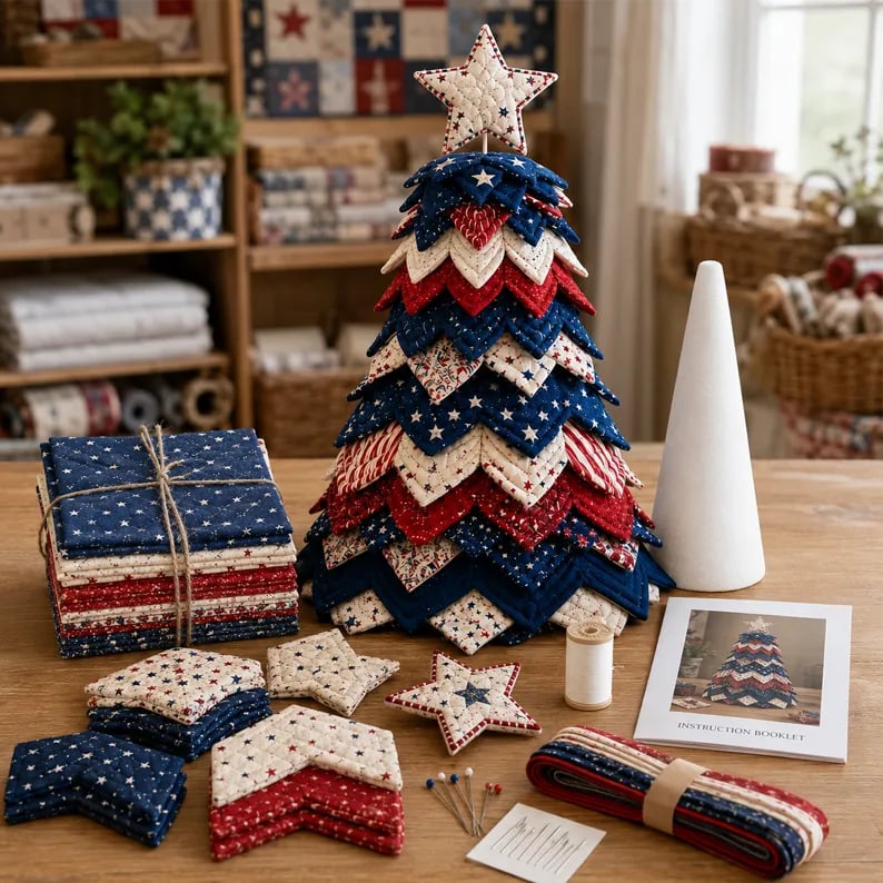 🎄🧵Americana Christmas Tree Quilt Kit – Easy Layered Fabric Holiday Décor for Quilting Lovers